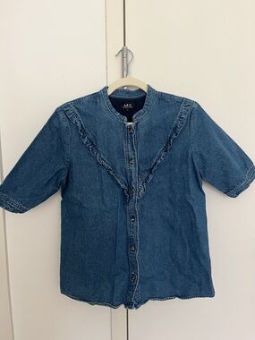 A.P.C. Ruffle-Trim Denim Button-Up Top - Medium Blue